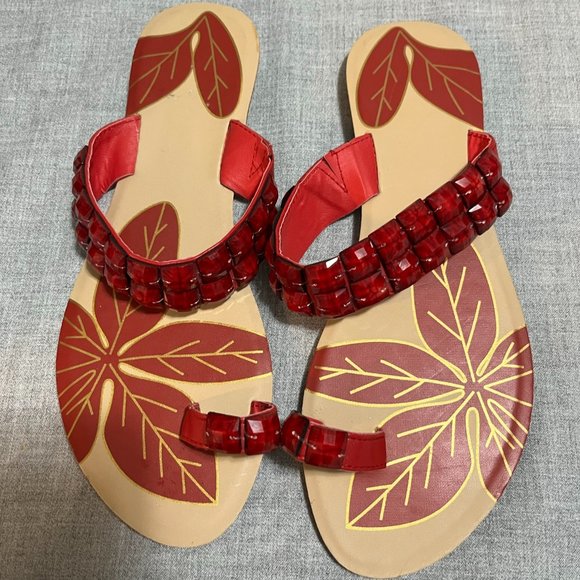 Ladies Flat Sandals Red and Tan Bedazzled Size 8 - Picture 3 of 9